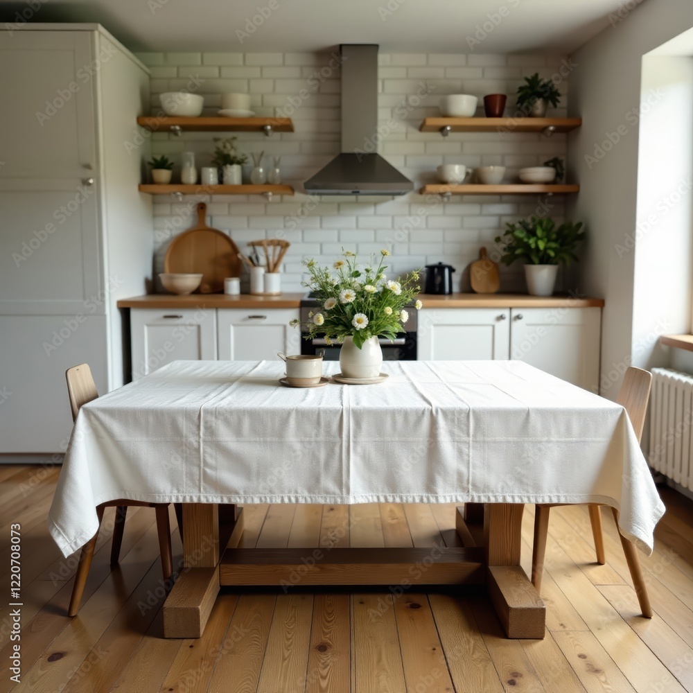 Rustic wood kitchen table, white linen tablecloth, design, element, cozy Rustic wood kitchen table, white linen tablecloth, design, element, cozy