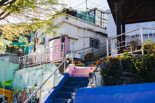 View of Gamcheon Culture village, Busan city, South Korea, Gamcheon-dong, Saha District, beautiful view of streets and multicoloured houses in a summer sunny day, Republic of Korea travel photo