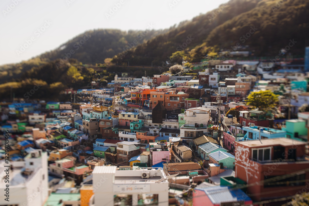 View of Gamcheon Culture village, Busan city, South Korea, Gamcheon-dong, Saha District, beautiful view of streets and multicoloured houses in a summer sunny day, Republic of Korea travel View of Gamcheon Culture village, Busan city, South Korea, Gamcheon-dong, Saha District, beautiful view of streets and multicoloured houses in a summer sunny day, Republic of Korea travel