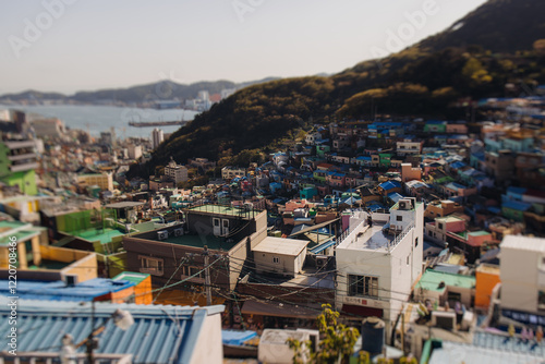 View of Gamcheon Culture village, Busan city, South Korea, Gamcheon-dong, Saha District, beautiful view of streets and multicoloured houses in a summer sunny day, Republic of Korea travel photo