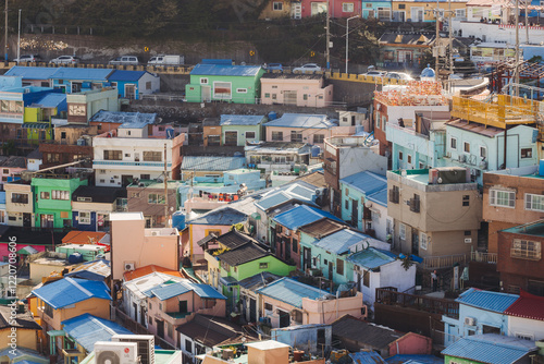 View of Gamcheon Culture village, Busan city, South Korea, Gamcheon-dong, Saha District, beautiful view of streets and multicoloured houses in a summer sunny day, Republic of Korea travel photo