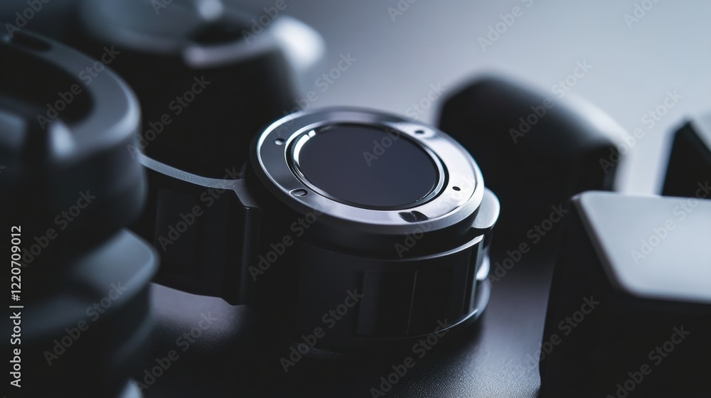 Close-up of a sleek black watch surrounded by geometric shapes on a dark surface, showcasing modern design Close-up of a sleek black watch surrounded by geometric shapes on a dark surface, showcasing modern design