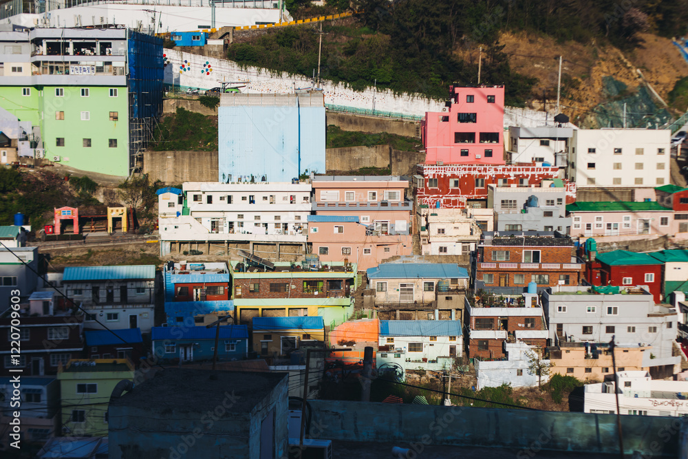View of Gamcheon Culture village, Busan city, South Korea, Gamcheon-dong, Saha District, beautiful view of streets and multicoloured houses in a summer sunny day, Republic of Korea travel View of Gamcheon Culture village, Busan city, South Korea, Gamcheon-dong, Saha District, beautiful view of streets and multicoloured houses in a summer sunny day, Republic of Korea travel