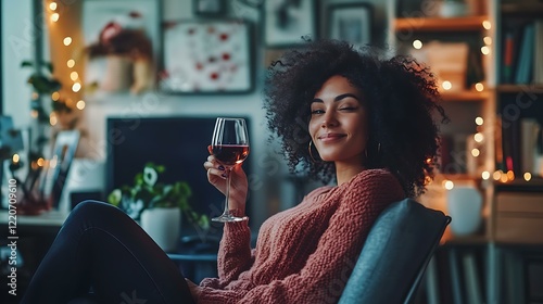 Woman unwinding in her modern office with a glass of wine and surrounded by self-care and Valentine accents