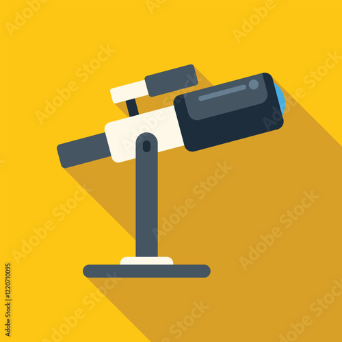 Telescope pointing towards the sky, ready for astronomical observation, set against a vibrant yellow backdrop