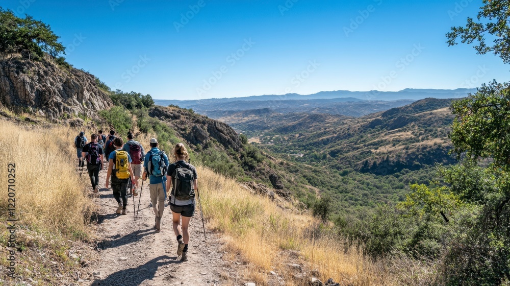 A group of friends hiking on a scenic mountain trail with a view of the valley below A group of friends hiking on a scenic mountain trail with a view of the valley below