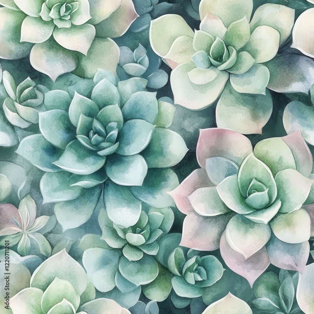 Serene watercolor doodle drawing of lush green succulents in a tranquil arrangement Serene watercolor doodle drawing of lush green succulents in a tranquil arrangement