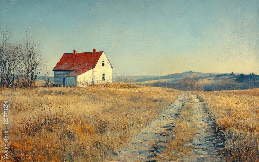 rural landscape with a small house standing in an open area among golden-yellow grasses. rural landscape with a small house standing in an open area among golden-yellow grasses.