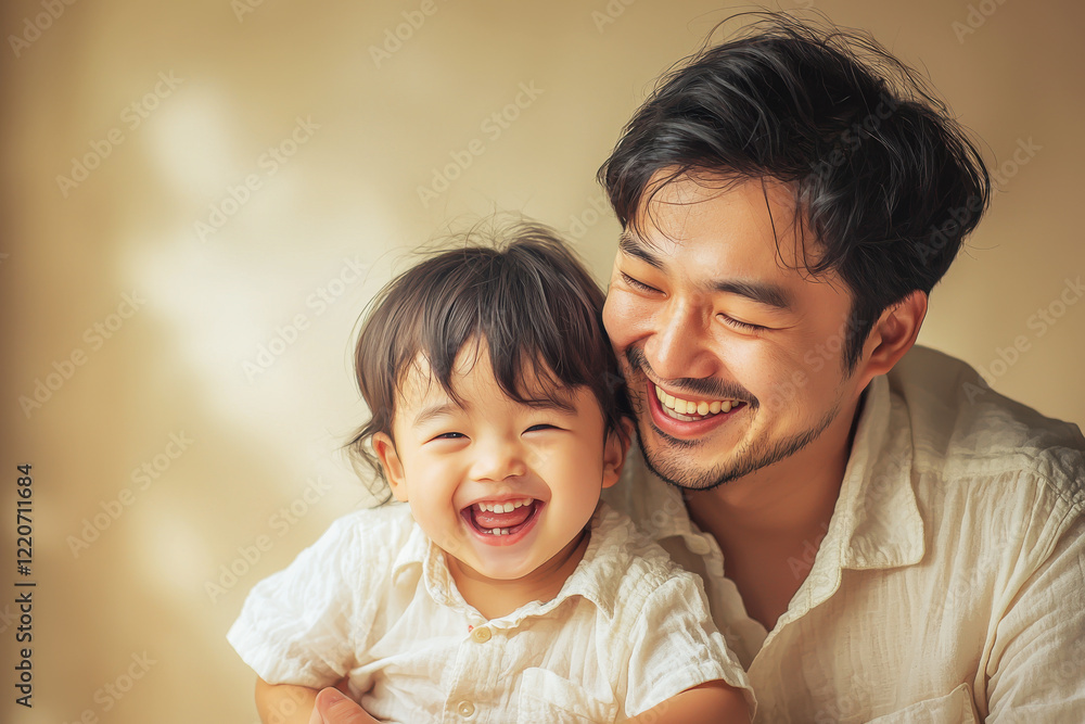 Parent and child share a joyful moment of laughter together in a close embrace against a soft beige background Parent and child share a joyful moment of laughter together in a close embrace against a soft beige background