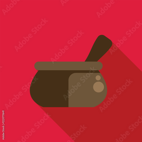 Flat design icon of a mortar and pestle preparing a mixture, with a long shadow, isolated on a vibrant red background