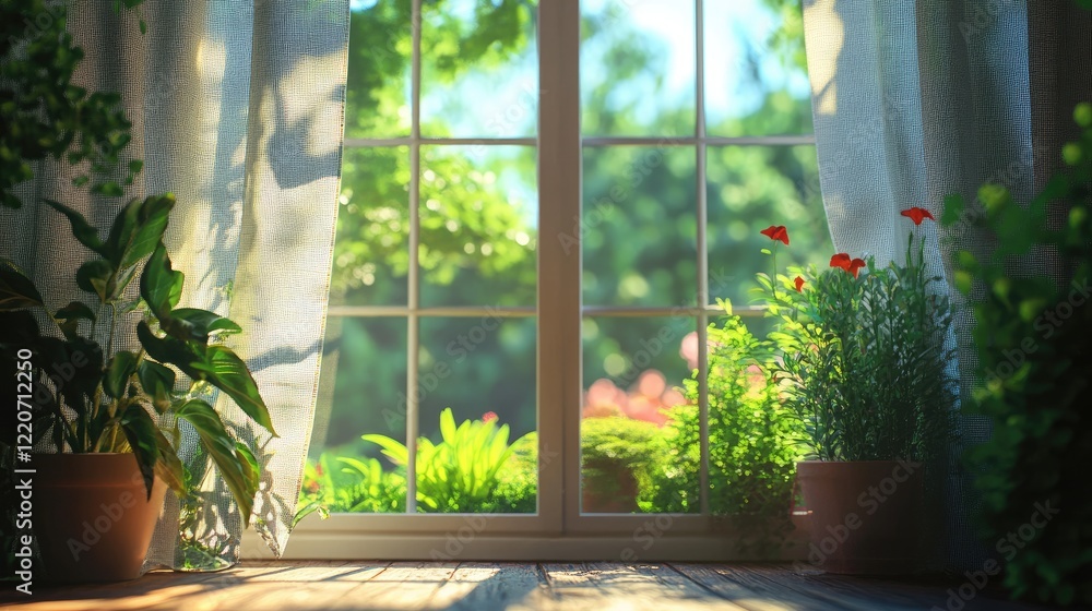 garden view outside through the window garden view outside through the window