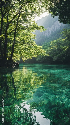 Lush green forest reflecting on crystal-clear water in a serene natural landscape