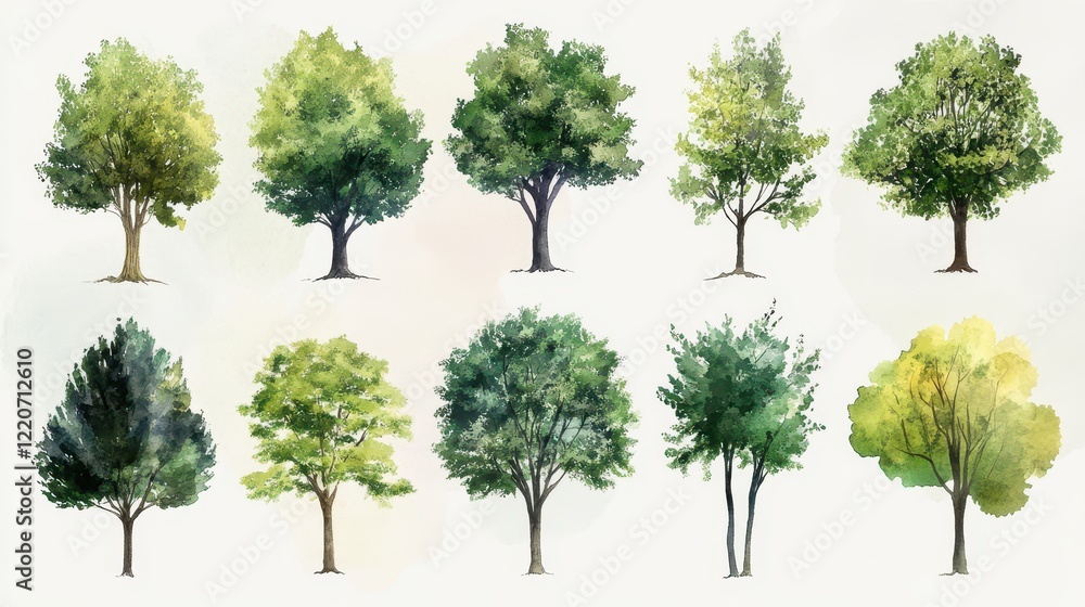 Fototapeta premium A collection of watercolor-style tree illustrations showcasing various vibrant shades of green, representing lush foliage, natural beauty, and botanical diversity.