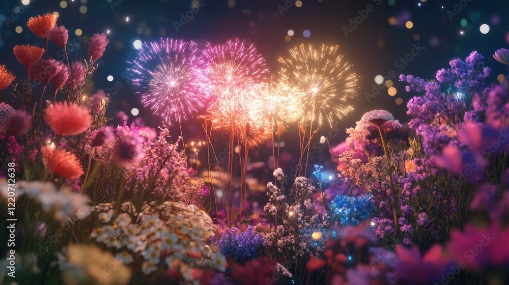 Fototapeta premium Colorful fireworks illuminate a vibrant flower garden at night during a festive celebration