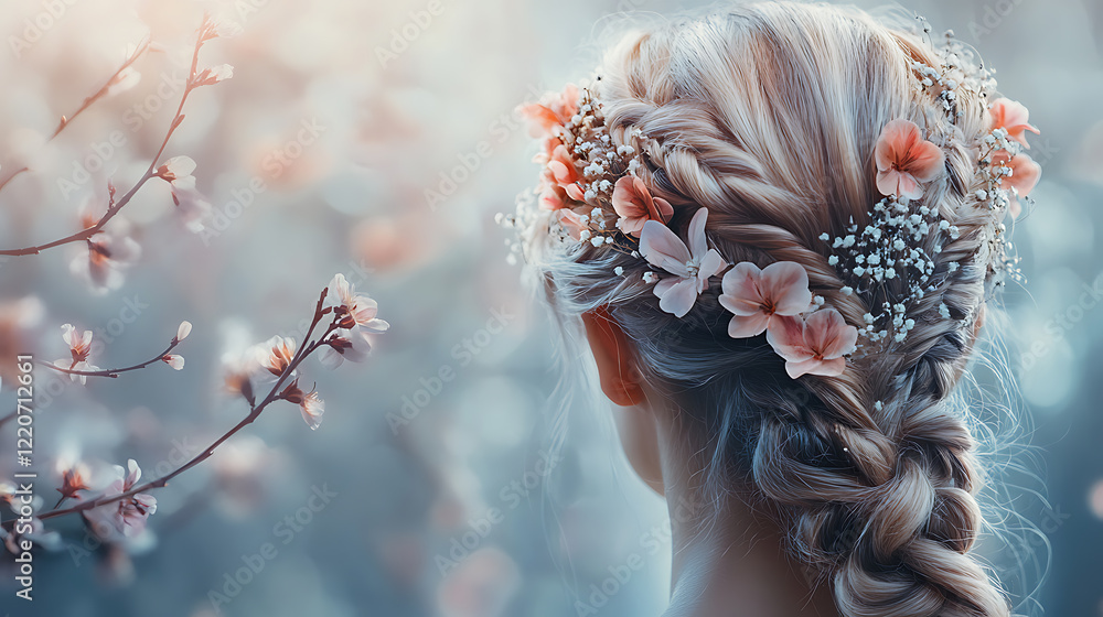 Naklejka premium A creative shot of a bridal hairstyle with intricate braiding and floral accents captured against a soft blurred background 