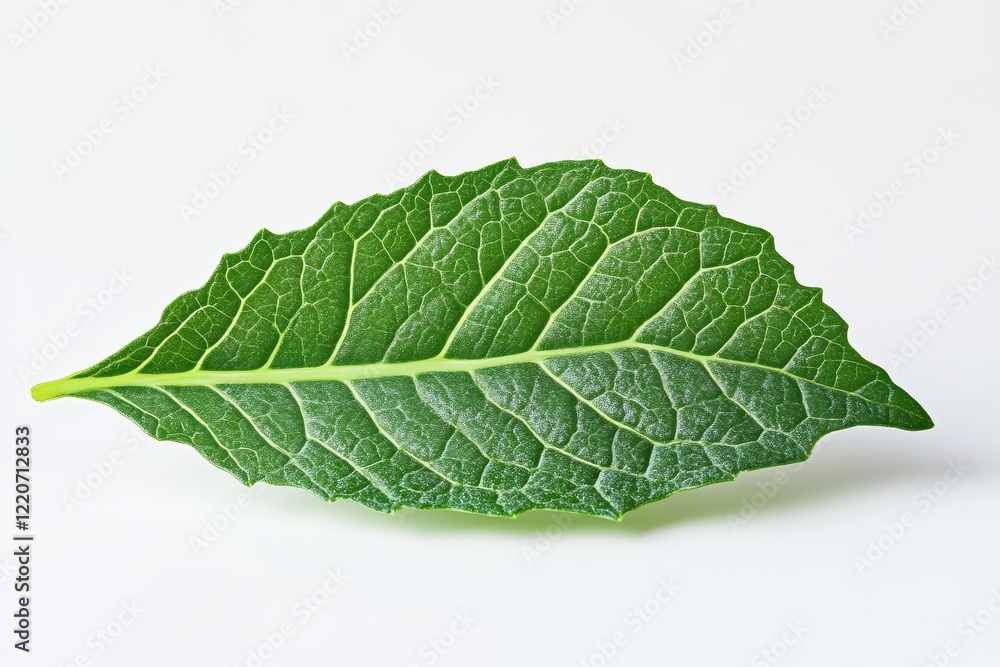 Obraz premium A vibrant green leaf with detailed veins, showcasing its natural texture against a plain background.