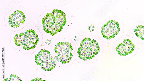 Freshwater cyanobacteria blooming under microscope. The species is probably Gomphosphaeria sp. Selective focus image photo