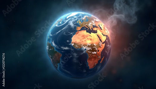 Illustration of Global Climate Change Impact on Earth with Visible Heat and Smoke Emissions