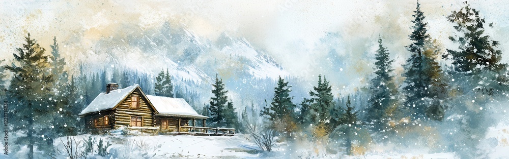 Snowy mountain landscape features a cozy cabin with watercolor background of trees and mist during winter season Snowy mountain landscape features a cozy cabin with watercolor background of trees and mist during winter season