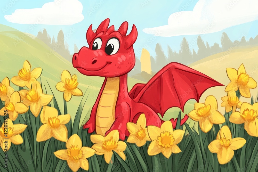 Fototapeta premium playful cute red dragon stands among bright daffodils under clear blue sky. fantasy creature in spring landscape. children's book illustration. design for greeting card on st. david's day.