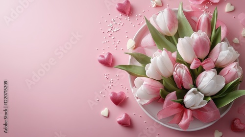 Mother's day gift and floral arrangement concept on pink background