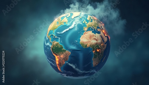 Illustration of Global Climate Change Impact on Earth with Visible Heat and Smoke Emissions