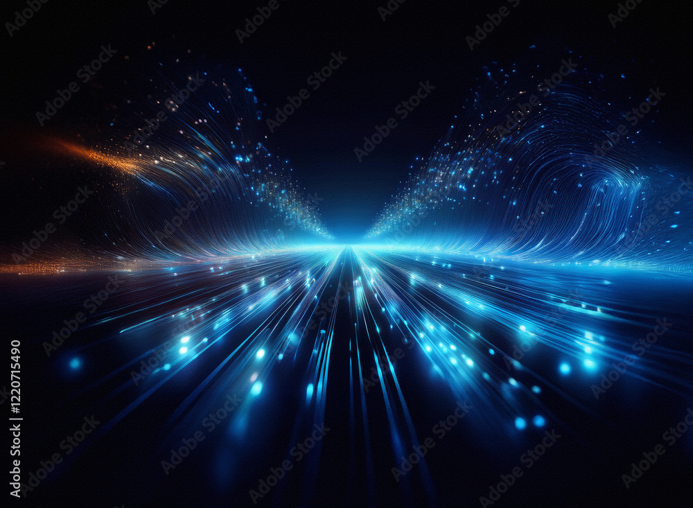 Obraz premium Abstract digital art depicting a grainy, textured highway of light streaking towards a bright horizon in a dark, deep space. The texture is prominent, creating a sense of speed and movement.