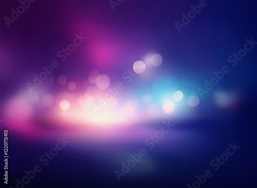 A grainy, textured abstract background features a blurred, glowing landscape of vibrant purple, pink, and blue bokeh lights. The soft, dreamy effect creates a sense of depth and ethereal beauty.