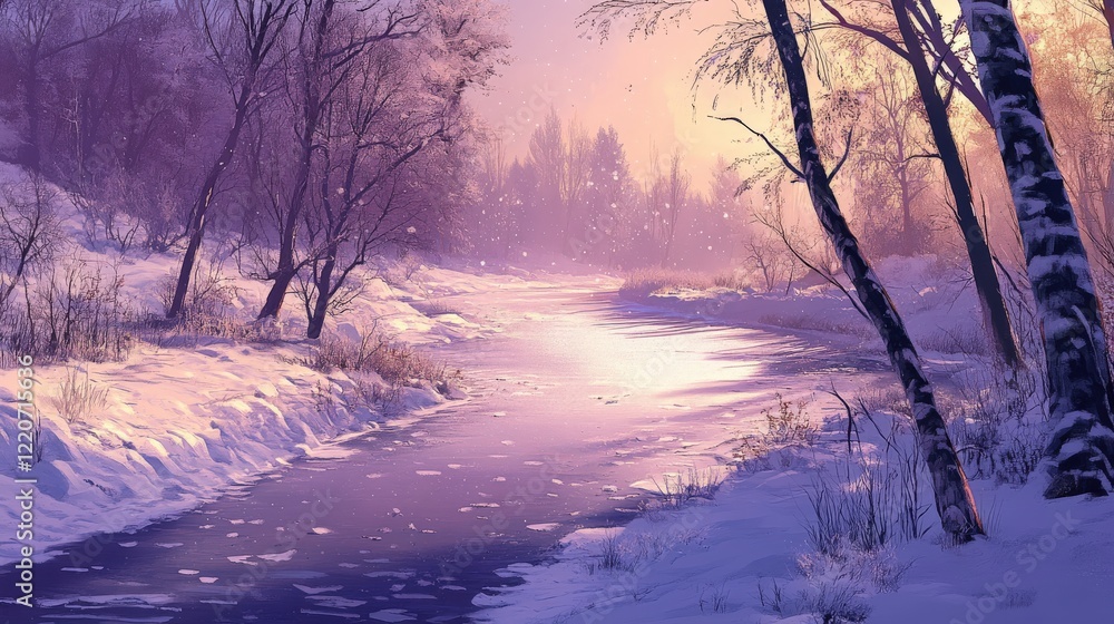 Serene Winter River Scene Snow Covered Banks And Trees Serene Winter River Scene Snow Covered Banks And Trees