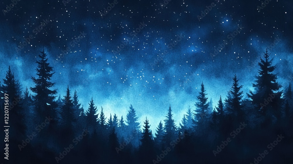 Fototapeta premium Night Sky Over Silhouetted Evergreen Forest