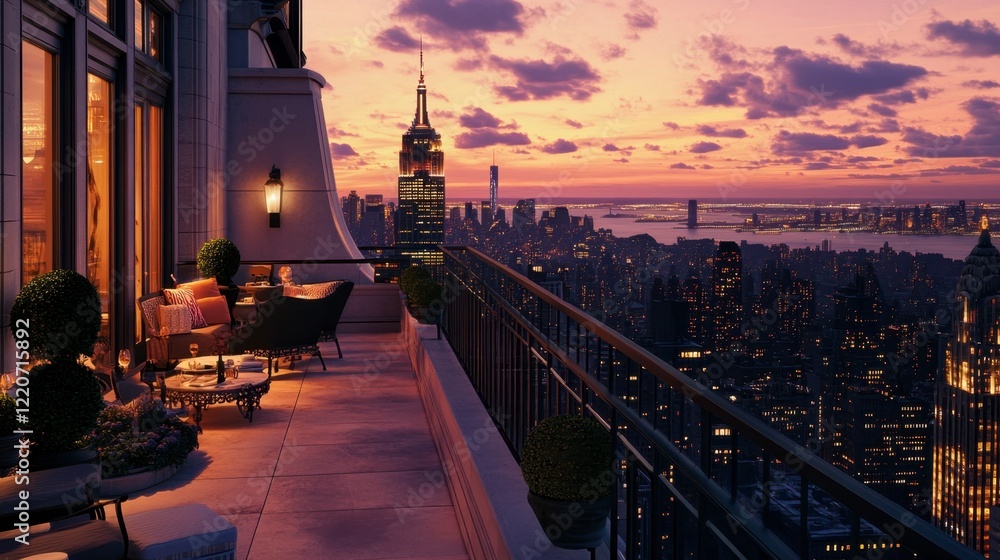 A luxurious penthouse balcony overlooking a vibrant cityscape at dusk