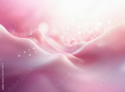 Abstract pink landscape with a grainy texture. Soft, glowing light and subtle bokeh create a dreamy, ethereal mood.  The undulating forms suggest hills or waves.