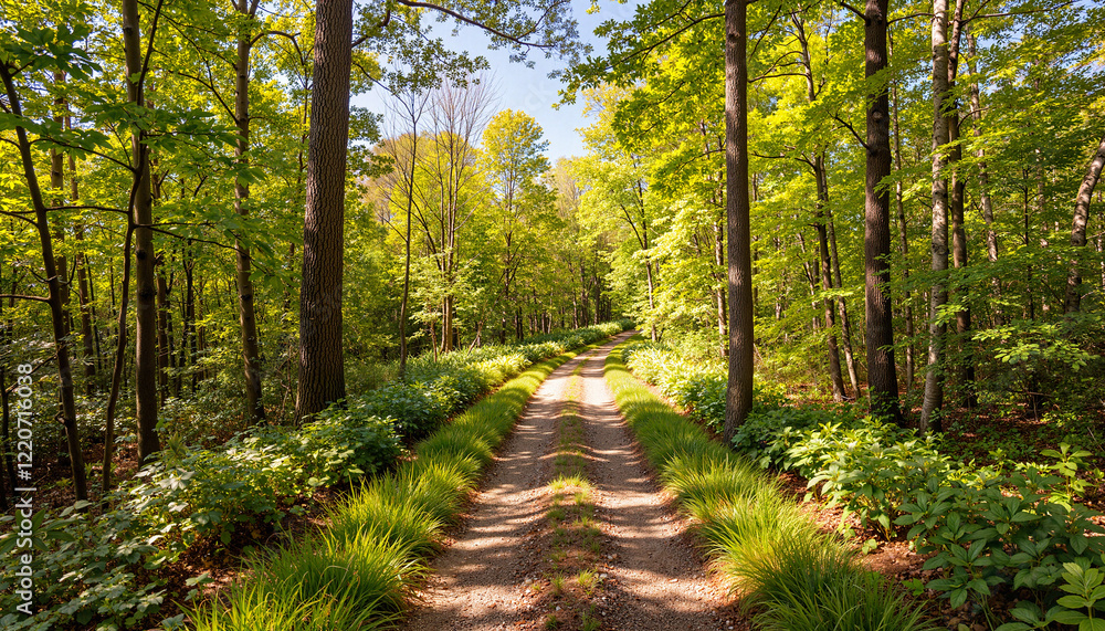 Naklejka premium Serene hiking trail through lush rural woods, nature's beauty