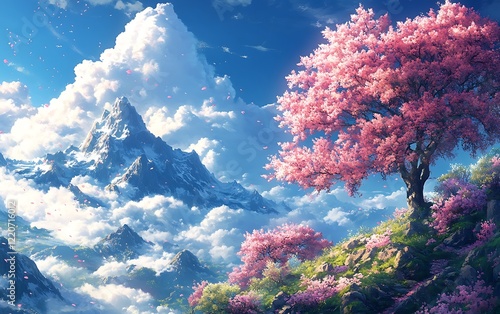 Spring Blossom Mountain Sunset Landscape Painting