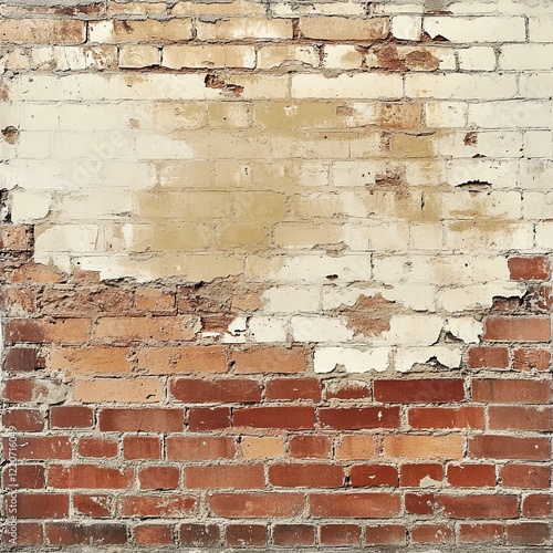 Distressed brick wall faÃ§ade with a vintage, worn aesthetic. photo