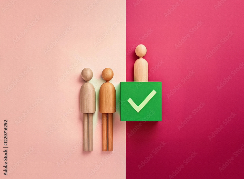 Grainy texture image of three wooden figures standing before a green cube with a checkmark, against a pink and burgundy background. The scene suggests a decision or selection process. Grainy texture image of three wooden figures standing before a green cube with a checkmark, against a pink and burgundy background. The scene suggests a decision or selection process.