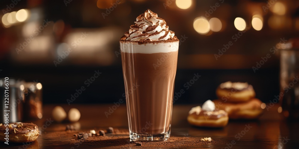 A tall glass of chocolate milkshake with whipped cream and cocoa powder on top, centered in the frame against a dark background. A tall glass of chocolate milkshake with whipped cream and cocoa powder on top, centered in the frame against a dark background.