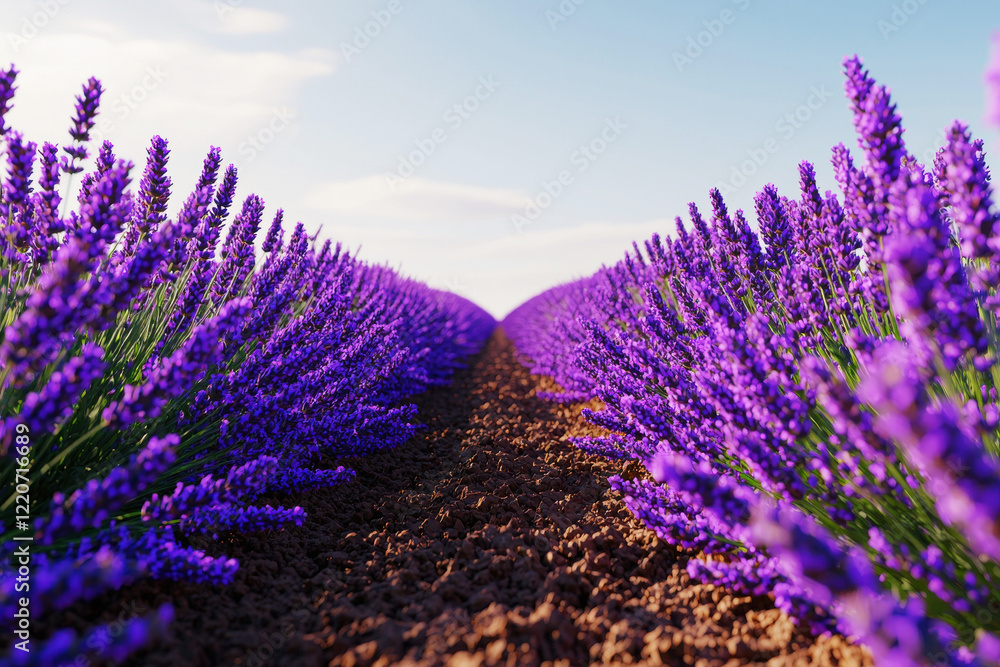 Obraz premium Vibrant lavender grove in full bloom under a clear summer sky with gentle breezes