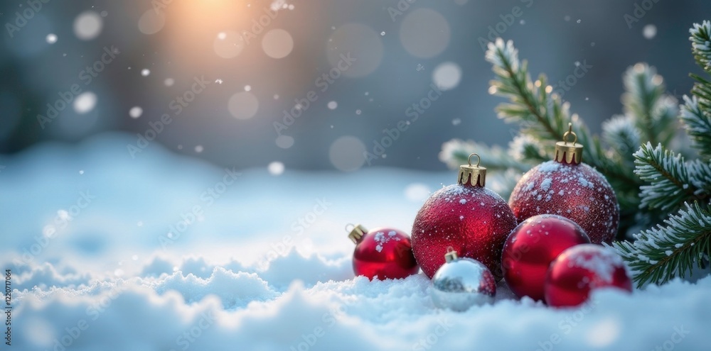 Frosty winter scene with red and silver ornaments on snowy ground, snow, bokeh background Frosty winter scene with red and silver ornaments on snowy ground, snow, bokeh background