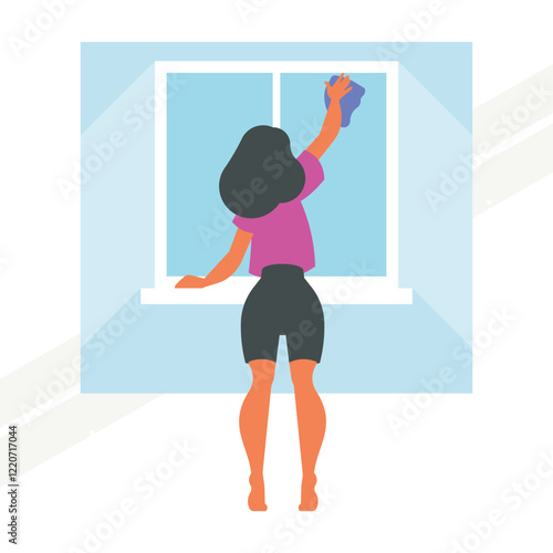 A girl washing a window with a rag representing cleanliness and chores