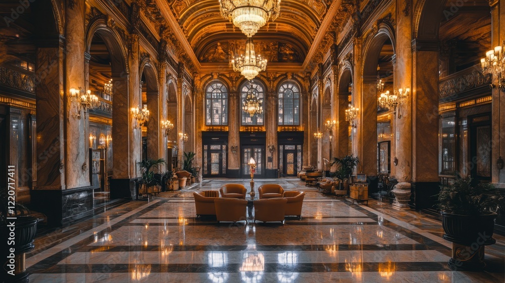 Fototapeta premium A luxury hotel lobby with grand chandeliers, marble floors, and plush seating