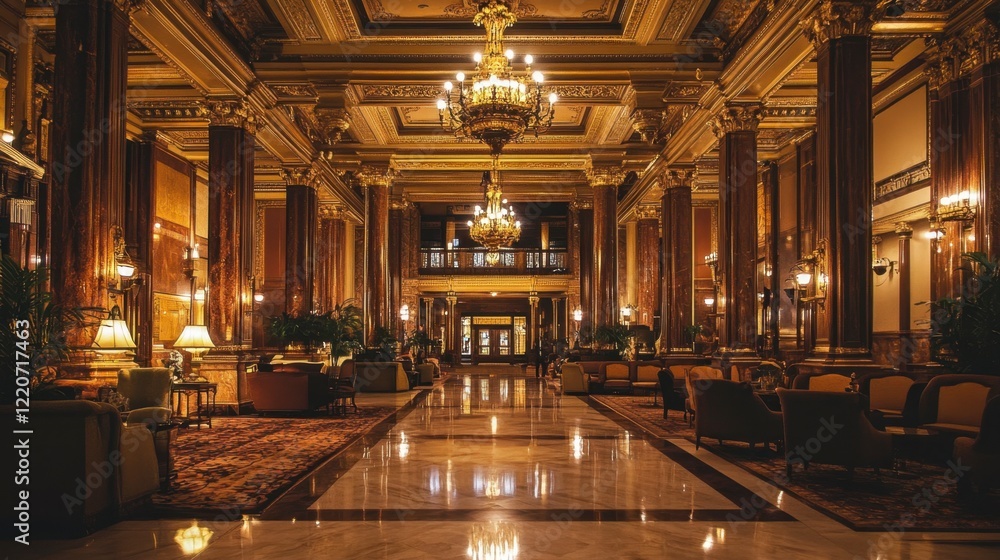 Fototapeta premium A luxury hotel lobby with grand chandeliers, marble floors, and plush seating