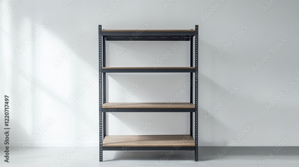 Modern Metal Shelf with Wooden Planks in Minimalist Room Modern Metal Shelf with Wooden Planks in Minimalist Room