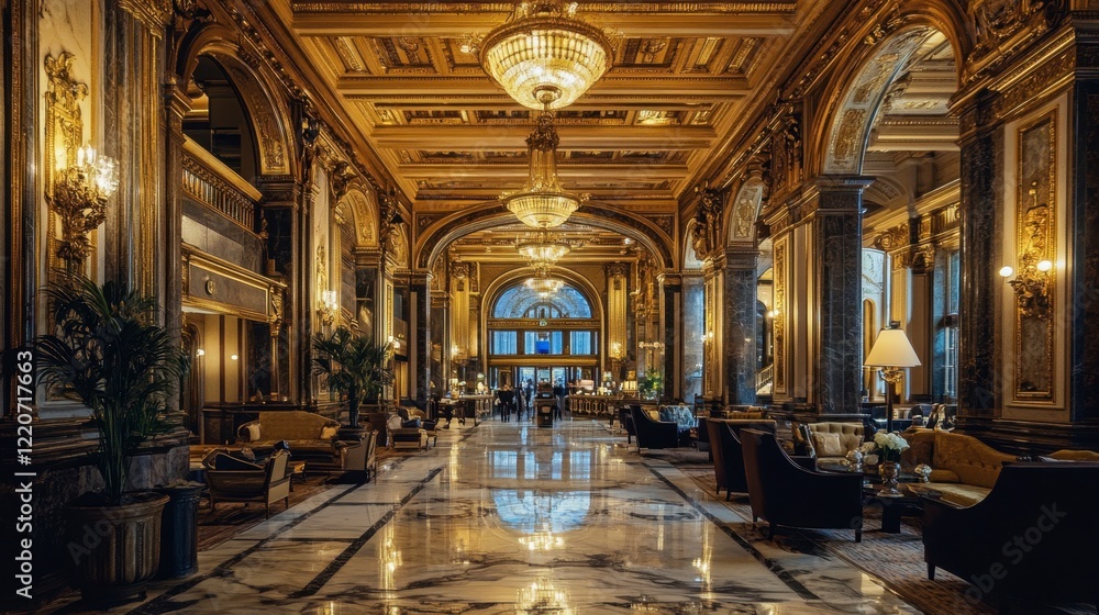 Obraz premium A luxury hotel lobby with grand chandeliers, marble floors, and plush seating