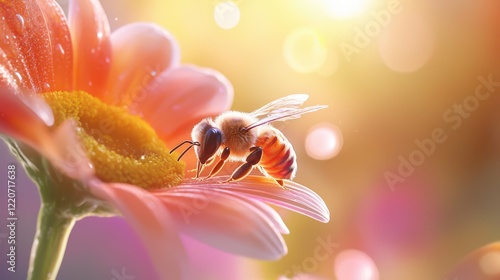 Close-up of a honeybee perched on a vibrant flower, gathering pollen under soft sunlight.