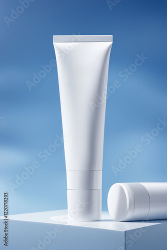 white plastic cream tube with blue cap standing on square podium. Unbranded packaging design presentation. AI Generative. photo