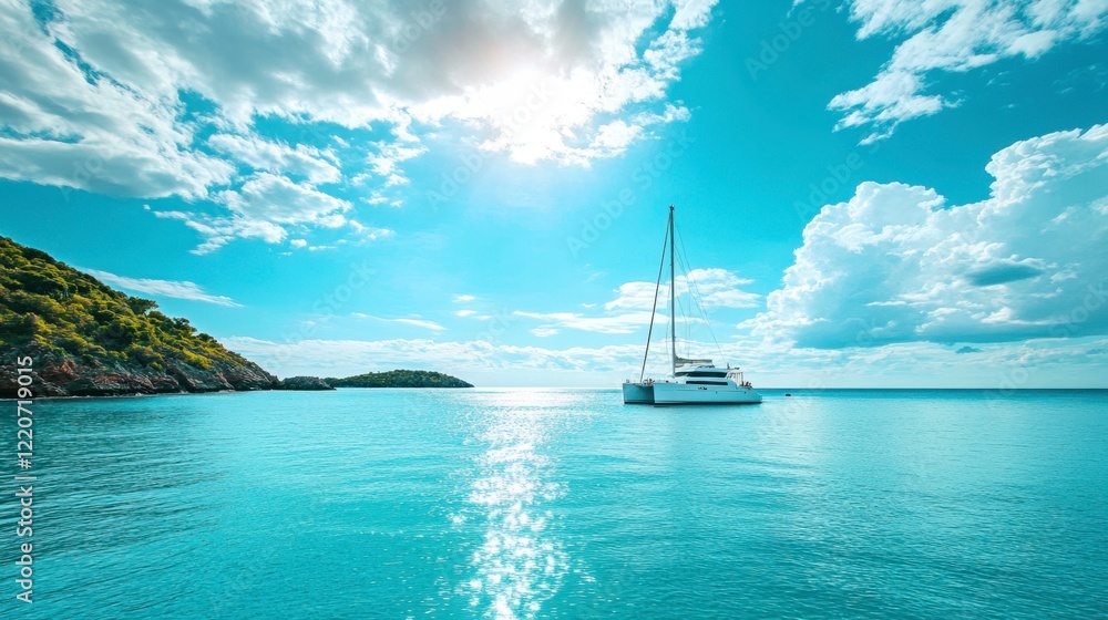 Obraz premium A luxury yacht cruising on calm turquoise waters under a sunny sky