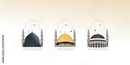 israa and Miraj set of 3 domes of the Prophet's Mosque, the Grand Mosque mecca, Dome of the Rock 