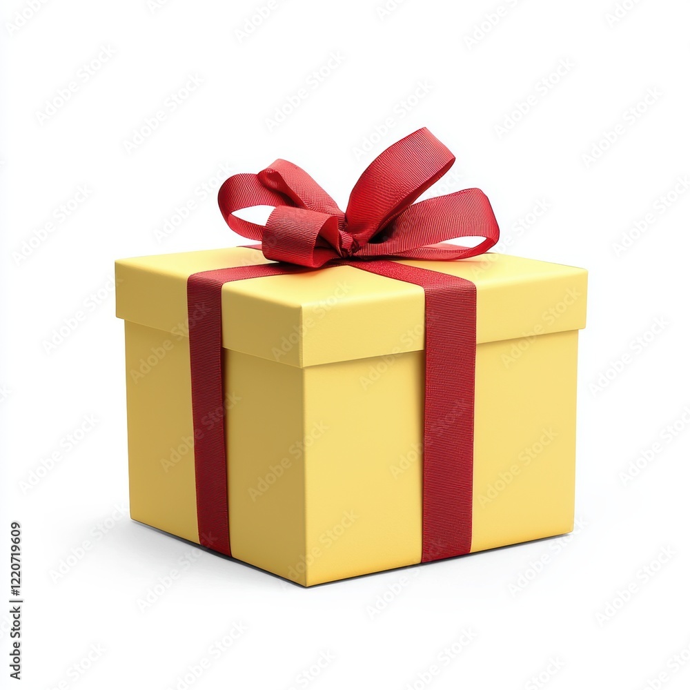 Fototapeta premium Bright Yellow Gift Box with Red Ribbon and Bow Isolated on White Background