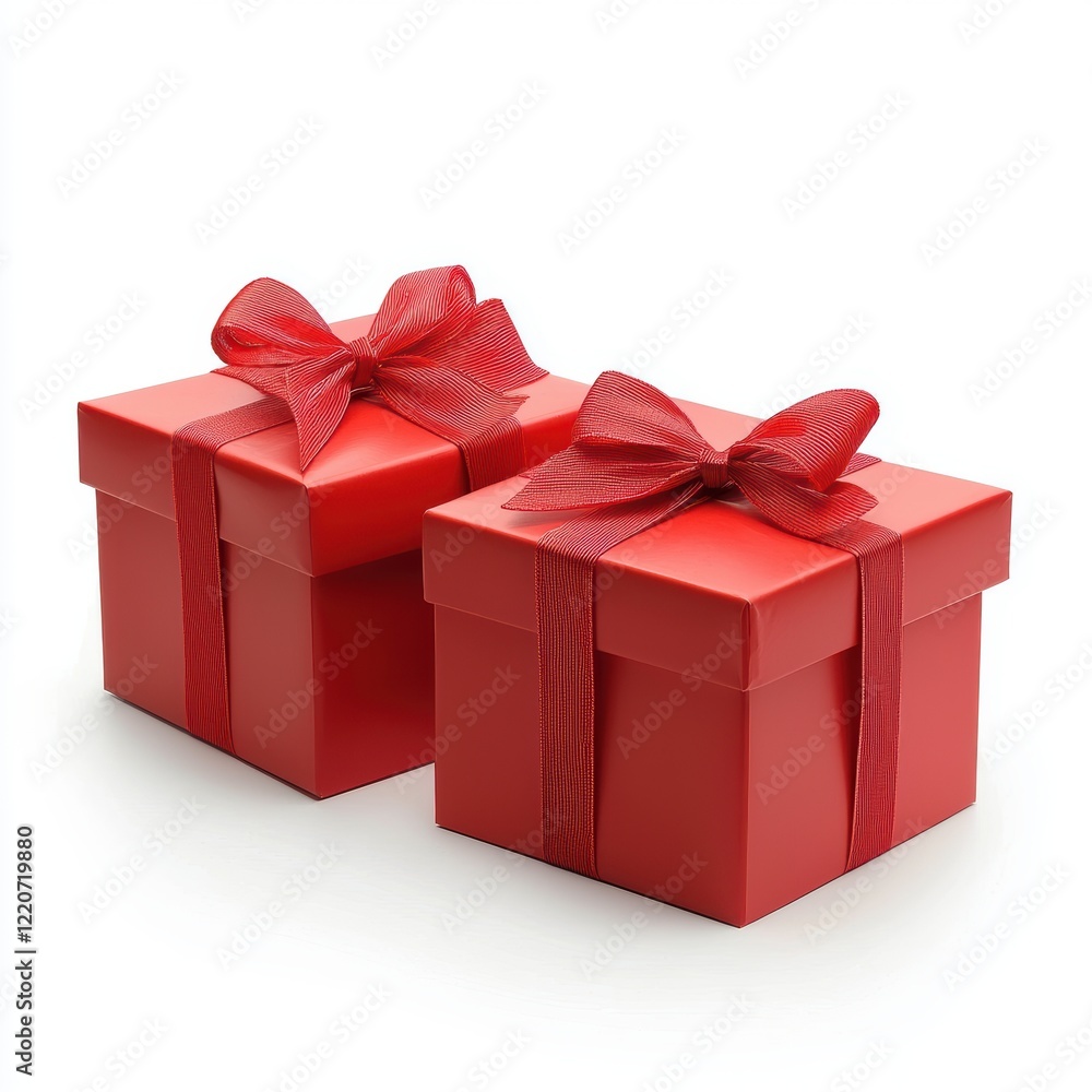 Obraz premium Pair of Glossy Red Gift Boxes Tied with Bows Isolated on White Background